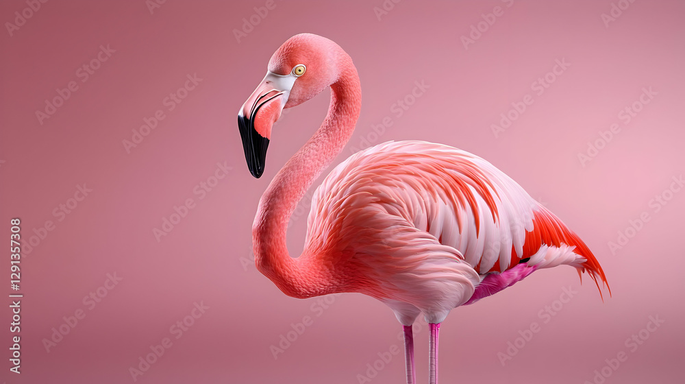 Fototapeta premium Pink flamingo standing, pink background, bird portrait, website banner