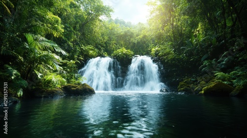 A tranquil waterfall cascades amidst a lush tropical forest, offering a peaceful retreat into nature's serene beauty and the sounds of flowing water.