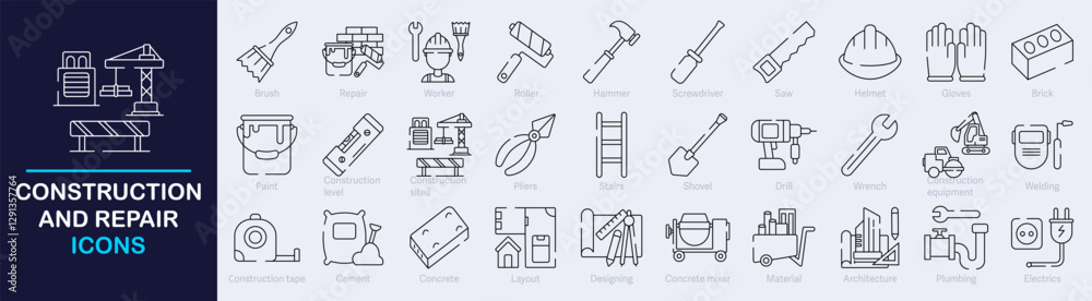 Construction and Repair Outline Vector Icon Collection. A set of outline icons related to Tools, equipment, Plumbing, Design, Roller, Construction site and more. Editable stroke. Vector illustration