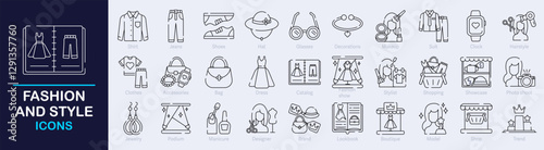 Fashion and Style Outline Vector Icon Collection. A set of outline icons related to  Clothing, Accessories, Beauty, Bag, Fashion show, Model, Jewelry and more. Editable stroke. Vector illustration