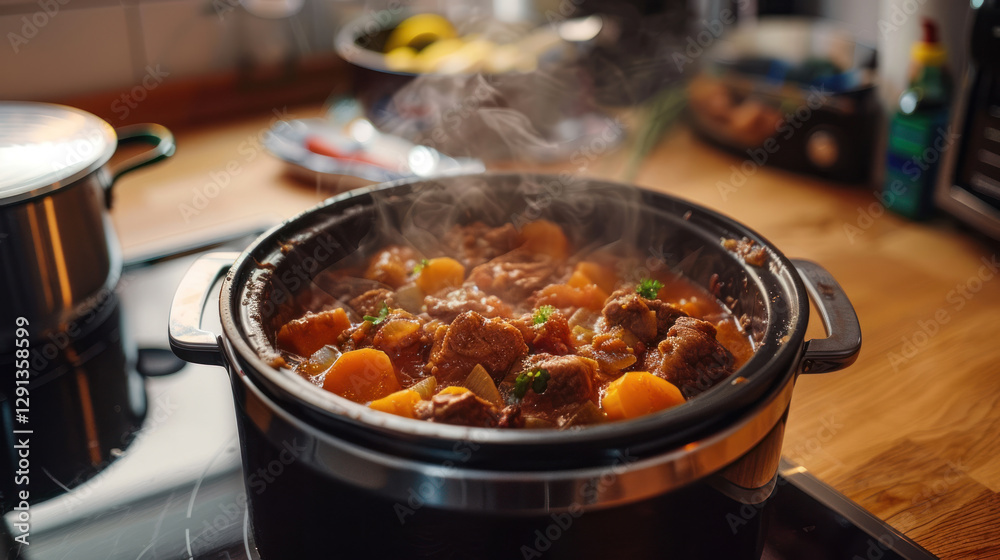 Electric slow cooker simmering a hearty stew in a cozy family kitchen Electric slow cooker simmering a hearty stew in a cozy family kitchen