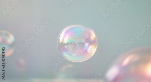 Iridescent Soap Bubble with Pastel Colors and Reflections.