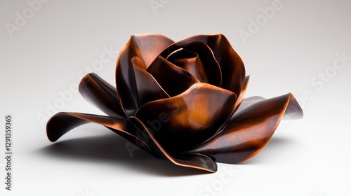 This vibrant image showcases a beautifully crafted copper rose sculpture with flowing forms, emphasizing its exquisite artistry and decorative appeal against minimalistic backdrop. photo