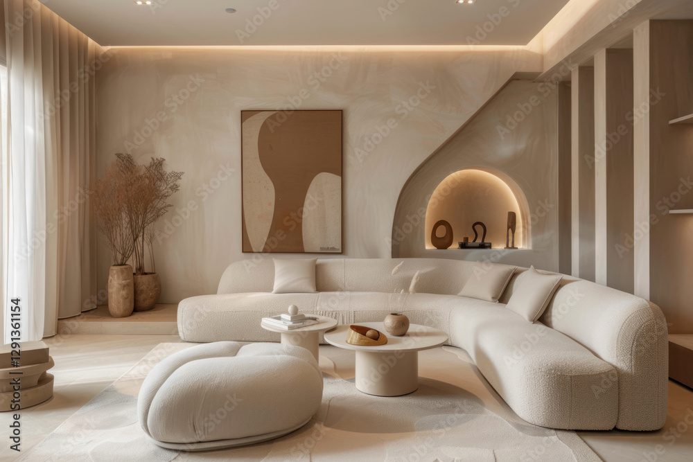 Fototapeta premium Family-friendly space with beige walls, taupe furniture, and soft lighting creating a serene vibe