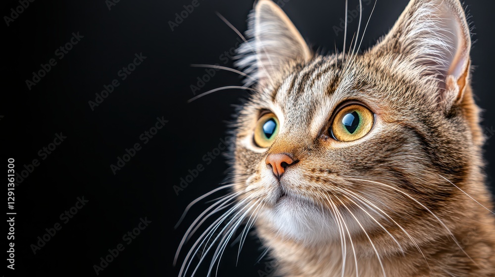 A close-up portrait of a curious tabby cat with striking green eyes, set against a dark background, showcasing its unique features and personality beautifully. A close-up portrait of a curious tabby cat with striking green eyes, set against a dark background, showcasing its unique features and personality beautifully.