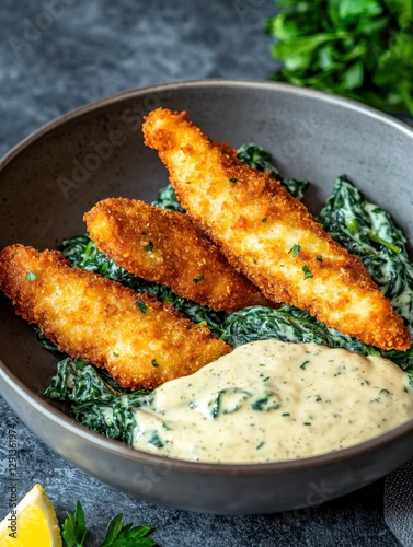 Crispy fried fish fillets served on a bed of sauteed spinach with a creamy sauce, garnished with fresh herbs.