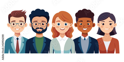 vector cartoon illustration Diverse Office Staff Avatars Collection - Smiling Young Adults in Professional Outfits