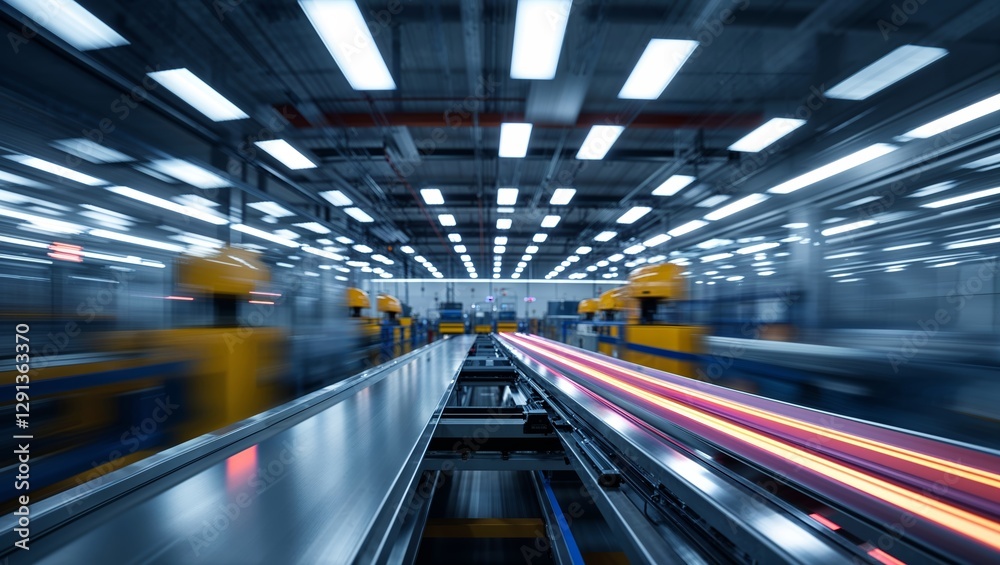 Conveyor belt system in a modern manufacturing facility operating during the day Conveyor belt system in a modern manufacturing facility operating during the day