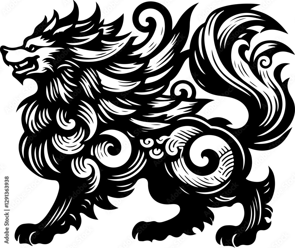 Naklejka premium sketch vector illustration silhouette design poster animal mythology mystical ethnic traditional classic vintage chinese and japanese 