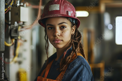 Young mixed heritage female trains as electrician in industrial setting