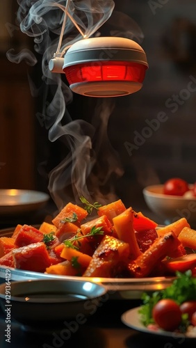 A smoke alarm's loud siren signals that dinner is finally ready to be served, cooking, dinner
