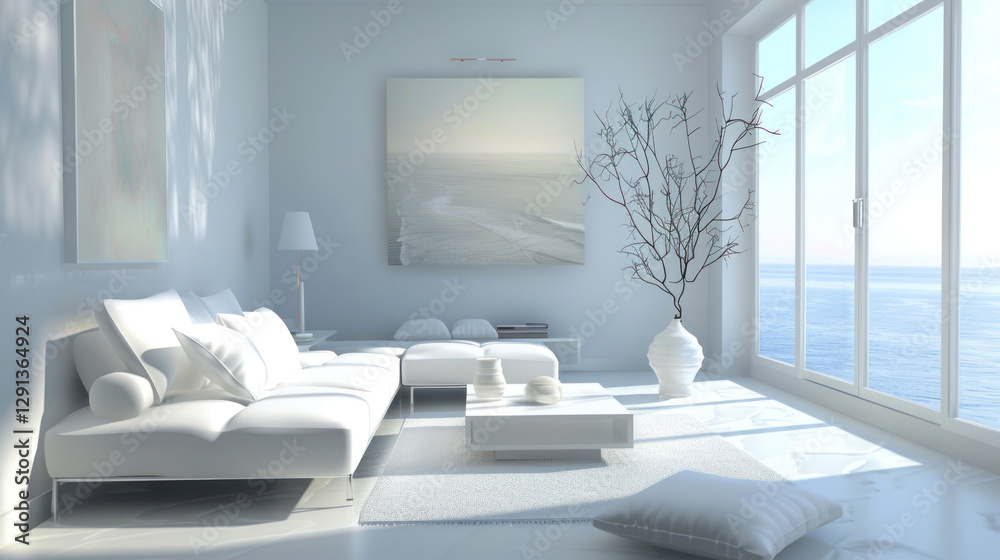 Fototapeta premium Minimalist living room with a monochromatic palette, sleek furniture, and subtle textures creating a calm atmosphere.