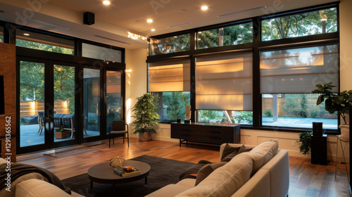 Modern living room with smart energy-efficient windows, automated blinds, and a solar-powered lighting system photo