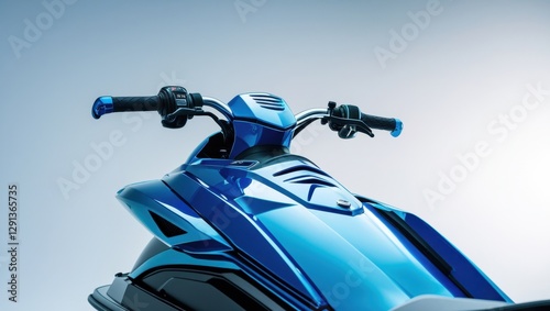 Sleek High Gloss Cyan Jet Ski with Curved Design Under Bright Sky Close Up View Showcasing Handlebars Throttle and Controls on Water