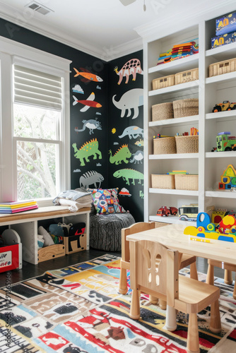 Modern playroom design with smart storage solutions, washable rugs, and wall decals for a fun and tidy space photo