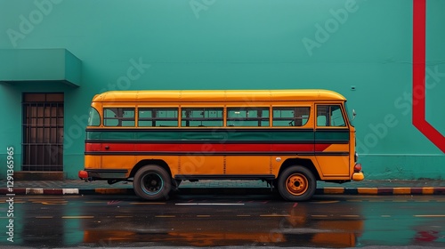 vintage yellow bus with red and green stripes parked on a wet street against a teal wall in the evening light