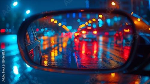 Reflection of a vibrant city street with colorful lights in a car side mirror during a rainy night creating a dreamy urban scene