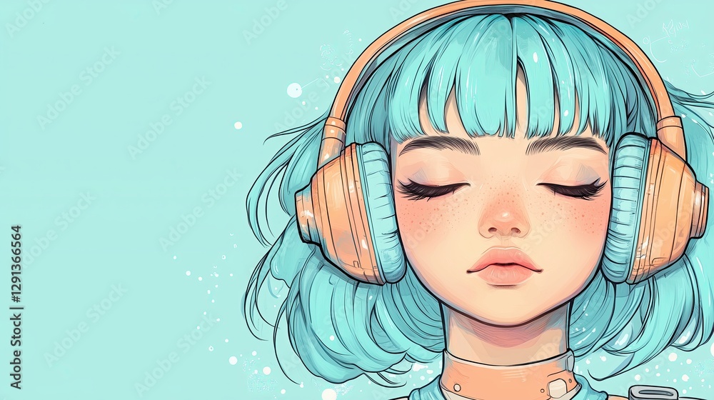 A serene illustrated girl with blue hair enjoying music through headphones in a calming color palette. A serene illustrated girl with blue hair enjoying music through headphones in a calming color palette.