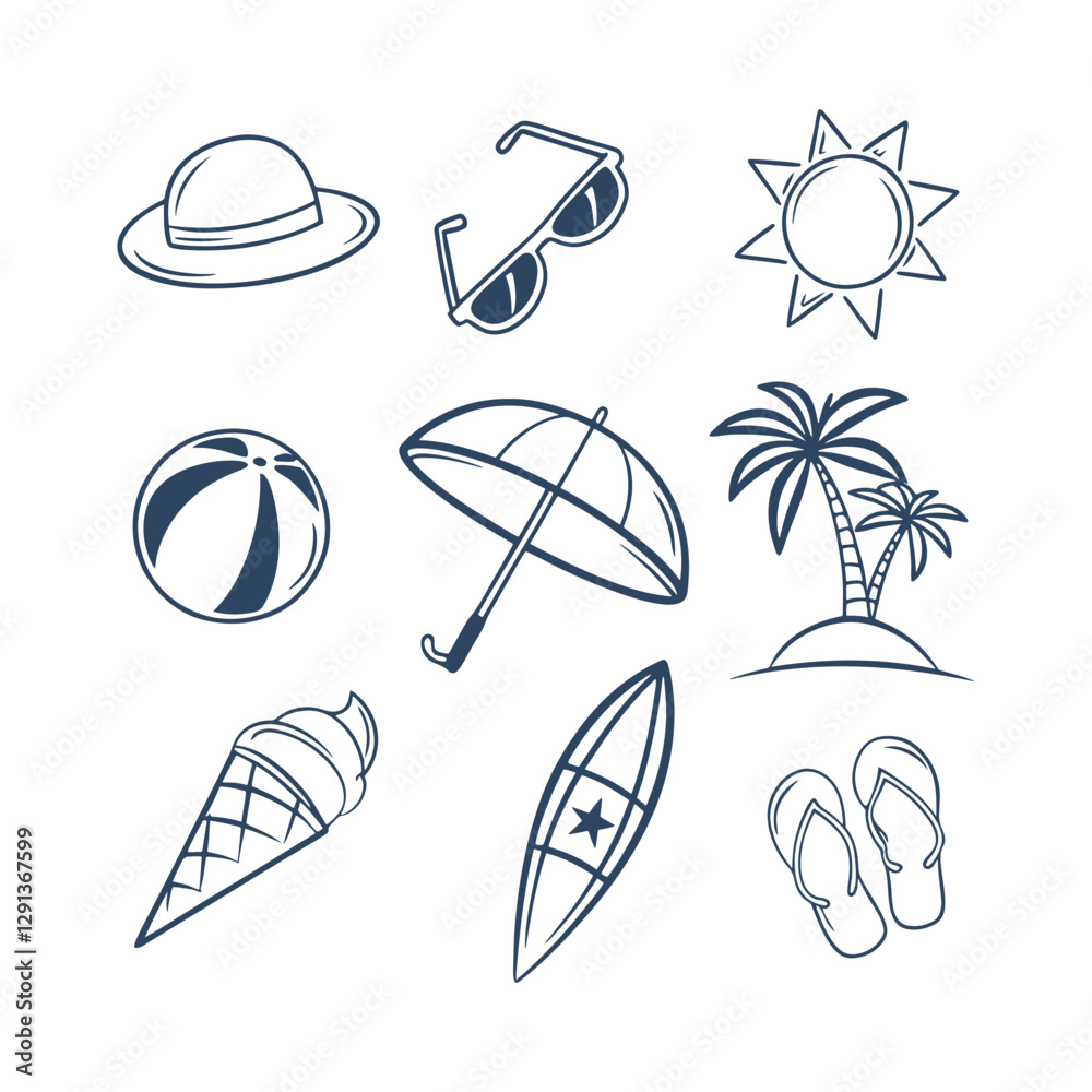 Fototapeta premium Summer Beach Day Doodle Element Set Vector Clipart Silhouettes