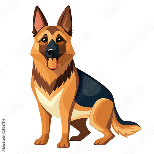 Shepherd Dog movements flat vector illustration. Powerful dog breed German Shepherd sitting in full length isolated on white background