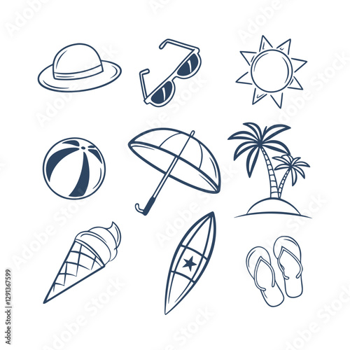 Summer Beach Day Doodle Element Set Vector Clipart Silhouettes