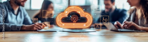 Team of experts collaborating on cloud computing innovations modern office digital technology professional environment close-up perspective