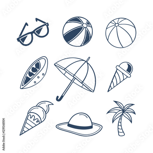 Summer Beach Day Doodle Element Set Vector Clipart Silhouettes