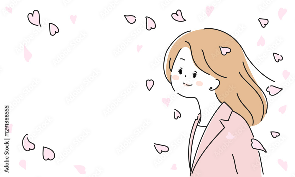 桜吹雪の中のピンクスーツの女性イラストフレーム 桜吹雪の中のピンクスーツの女性イラストフレーム