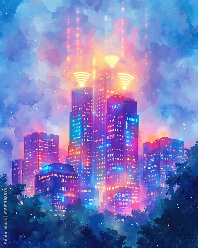 Fototapeta premium A vibrant city skyline illuminated by colorful lights against a dreamy night sky.