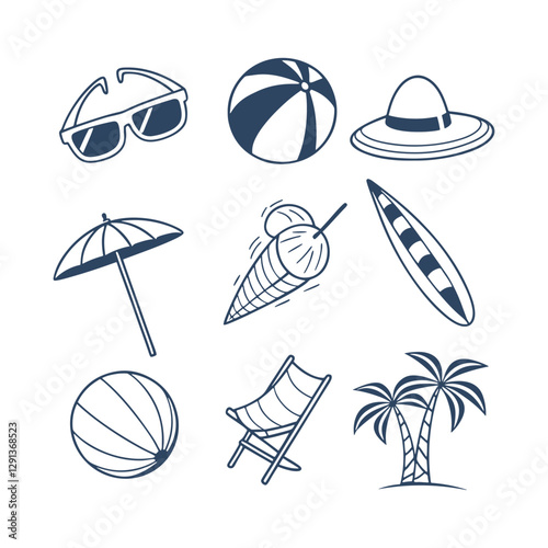 Summer Doodle Beach Day Element Set Collection Vector Clipart Isolated Illustration