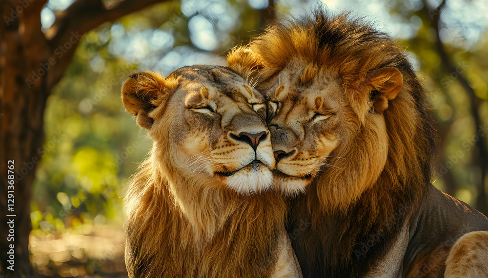 Fototapeta premium Two lions share affection, symbol of natural behavior and animal affection