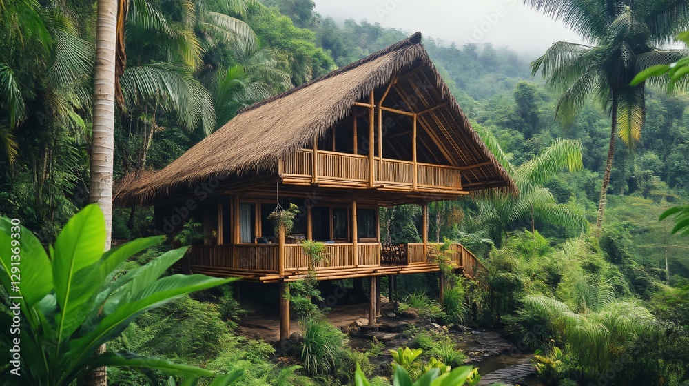 Bamboo Paradise: A Traditional House Nestled in Lush Rainforest Foliage Bamboo Paradise: A Traditional House Nestled in Lush Rainforest Foliage