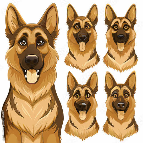 Set of German Shepherd. Collection of purebred dogs. Shepherd characters set. Vector illustration