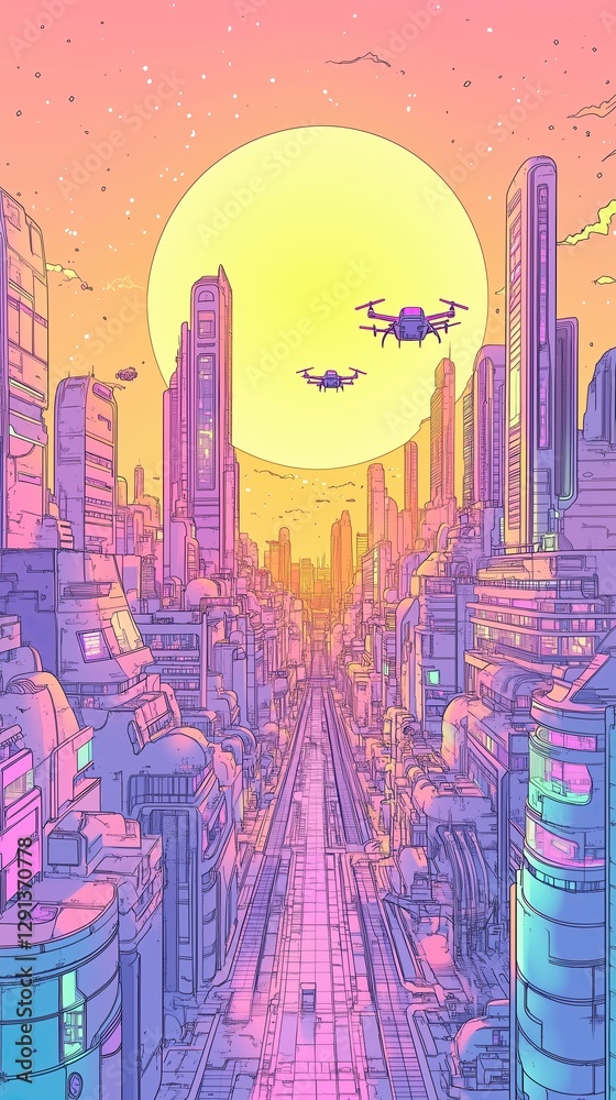 A vibrant futuristic cityscape with flying drones against a colorful sunset backdrop. A vibrant futuristic cityscape with flying drones against a colorful sunset backdrop.