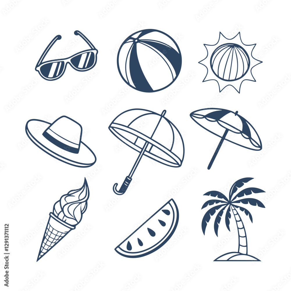 Fototapeta premium Summer Doodle Beach Day Element Set Collection Silhouettes Vector Clipart Isolated Illustration