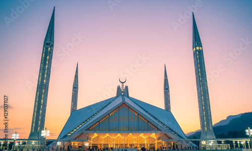 Faisal Mosque Islamabad at Sunset - Iconic Landmark of Pakistan