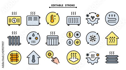 Hvac icons set. Editable stroke. Home Heating color Icon collection. Perfect for logos, stats and infographics. Simple flat signs for templates, web design, logo