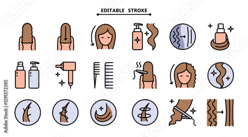 Hair straightener icons set for hair care treatment and beauty or woman salon. Editable stroke. Hair straightener appliance for female haircut straightening and haircare cosmetic treatment symbols