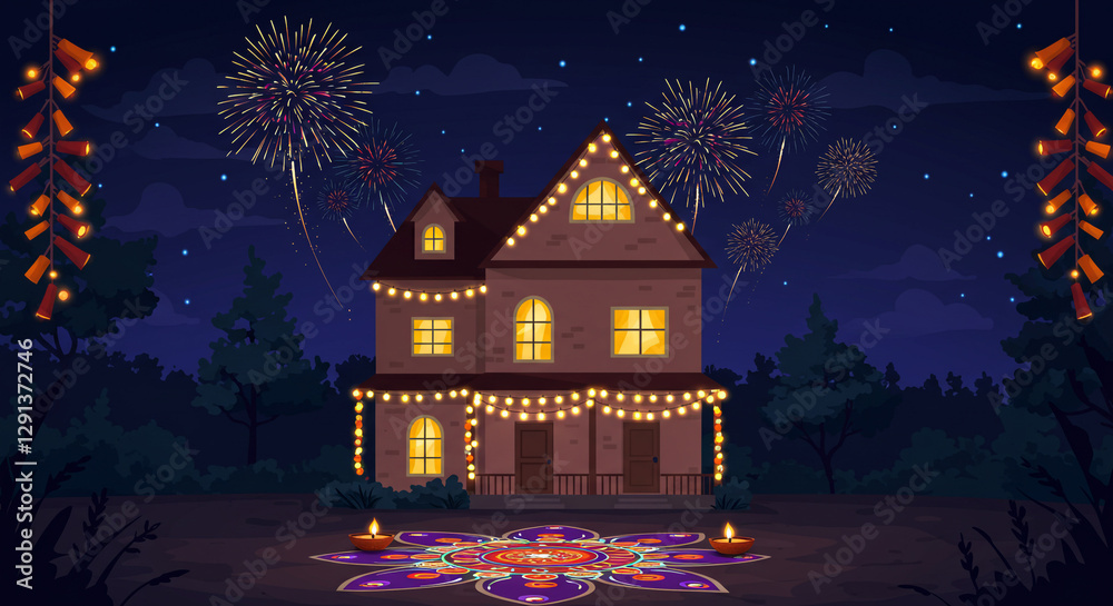 Fototapeta premium Festive Diwali Night with Illuminated House and Colorful Fireworks