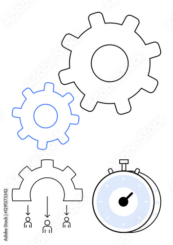 Interlocking gears, stopwatch, and workflow diagram with figures emphasize efficiency, teamwork, and time management. Ideal for productivity, project planning, cooperation, systemized work