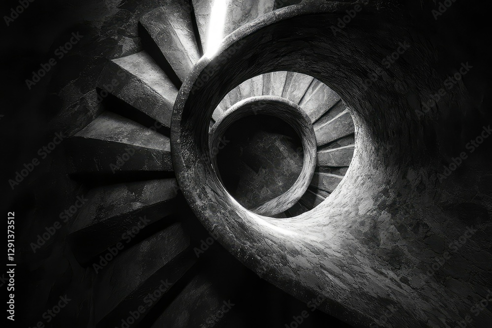 Black and white spirals with a single beam of bright light piercing through Black and white spirals with a single beam of bright light piercing through