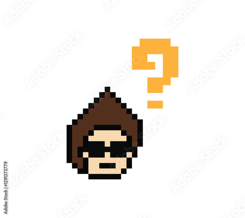 Cute pixel cartoon character man with question mark decoration 8 bit male boy confused idea question mark quiz questionnaire choose cartoon pixel game 8bit png vector.
