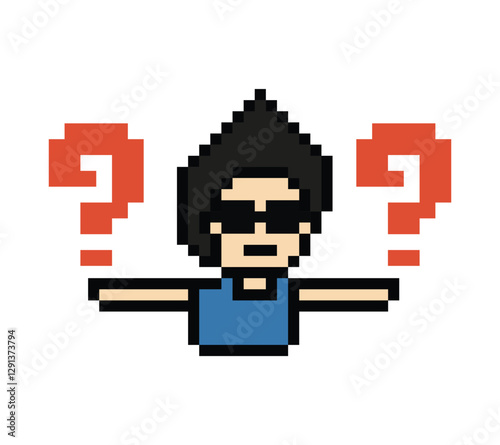 Cute pixel cartoon character man with question mark decoration 8 bit male boy confused idea question mark quiz questionnaire choose cartoon pixel game 8bit png vector.