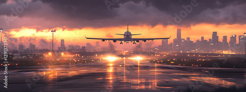 A plane is taking off from the airport runway at sunset
