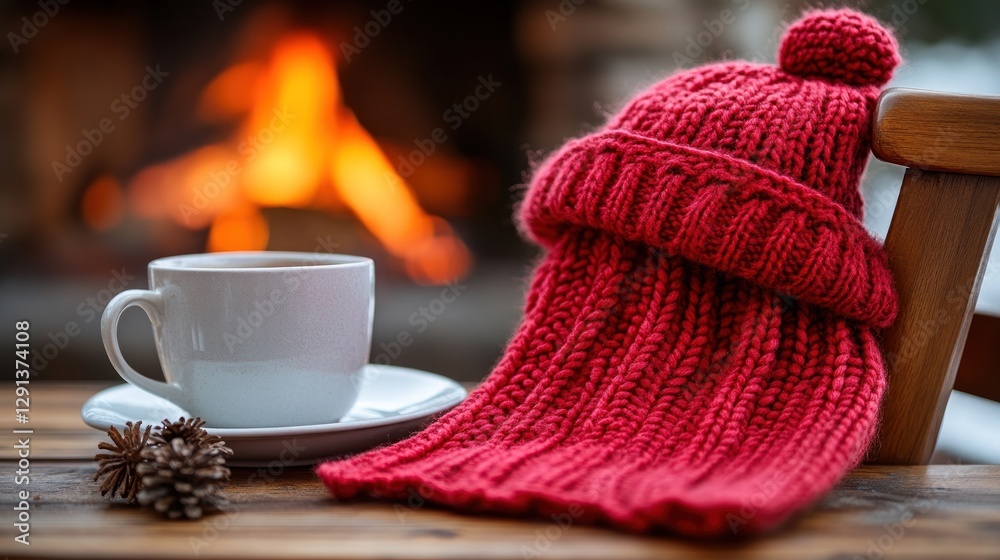 Cozy winter scene with red knitted hat, scarf, and hot drink by fireplace. Cozy winter scene with red knitted hat, scarf, and hot drink by fireplace.
