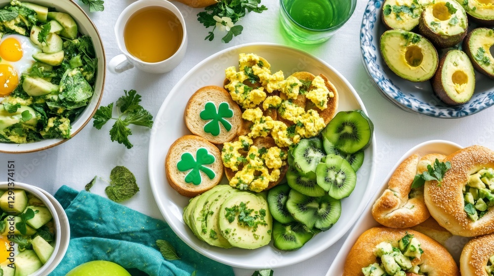 A cheerful St. Patricks Day brunch spread with green bagels, avocado toast, and shamrock-shaped scrambled eggs. A cheerful St. Patricks Day brunch spread with green bagels, avocado toast, and shamrock-shaped scrambled eggs.