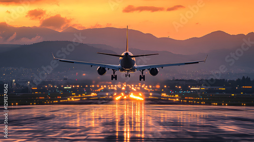 A plane is taking off from the airport runway at sunset
