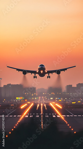 A plane is taking off from the airport runway at sunset
