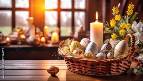 easter eggs and candles in a basket