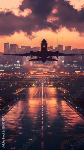 A plane is taking off from the airport runway at sunset
